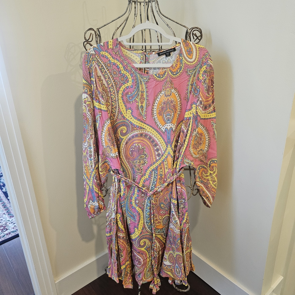Boston Proper Pink Paisley Tie-Waist Long Sleeve Dress